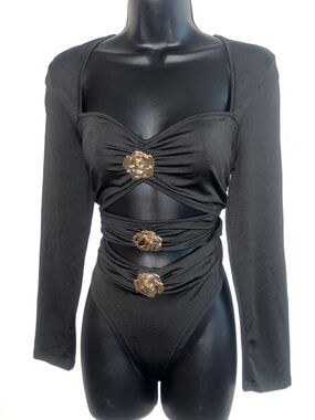 Black Long-Sleeve Cutout Bodysuit with Gold Floral Accents